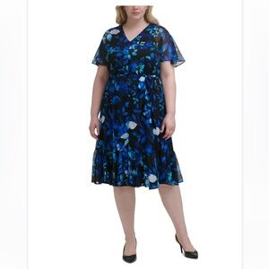 Calvin Klein  V-Neck Flutter Short Sleeve Tie Waist Floral Chiffon Midi Dress